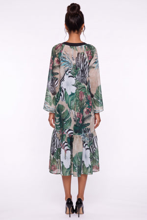 Lace-Up Neck Tropical Print Ruffle Hem Midi Dress Green
