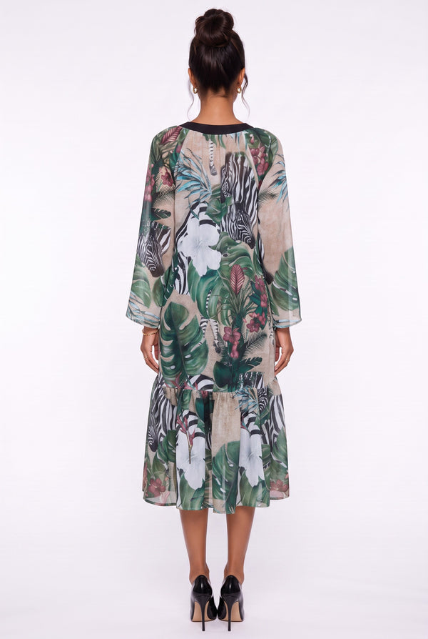 Lace-Up Neck Tropical Print Ruffle Hem Midi Dress Green