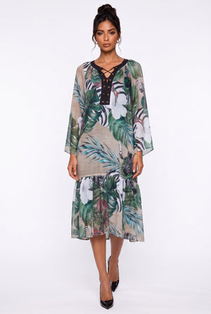 Lace-Up Neck Tropical Print Ruffle Hem Midi Dress Green