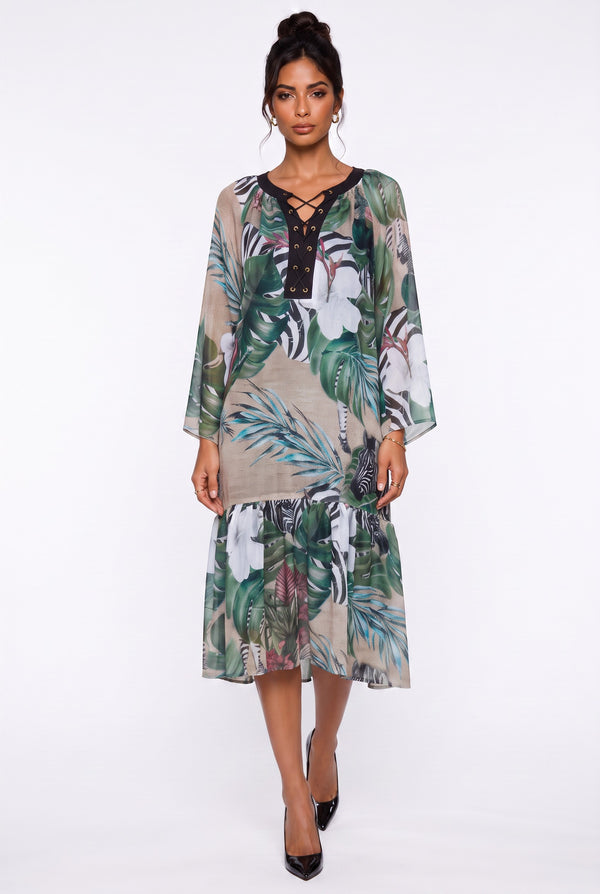 Lace-Up Neck Tropical Print Ruffle Hem Midi Dress Green