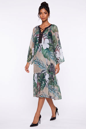 Lace-Up Neck Tropical Print Ruffle Hem Midi Dress Green