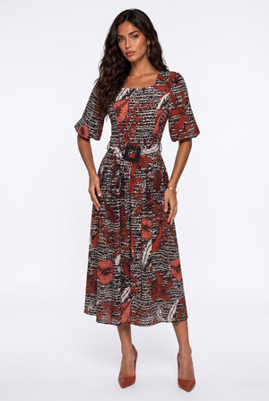 Square Neck Floral Print Belted Midi Dress Burgundy
