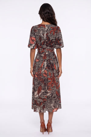 Square Neck Floral Print Belted Midi Dress Burgundy