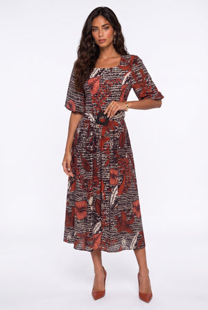 Square Neck Floral Print Belted Midi Dress Burgundy