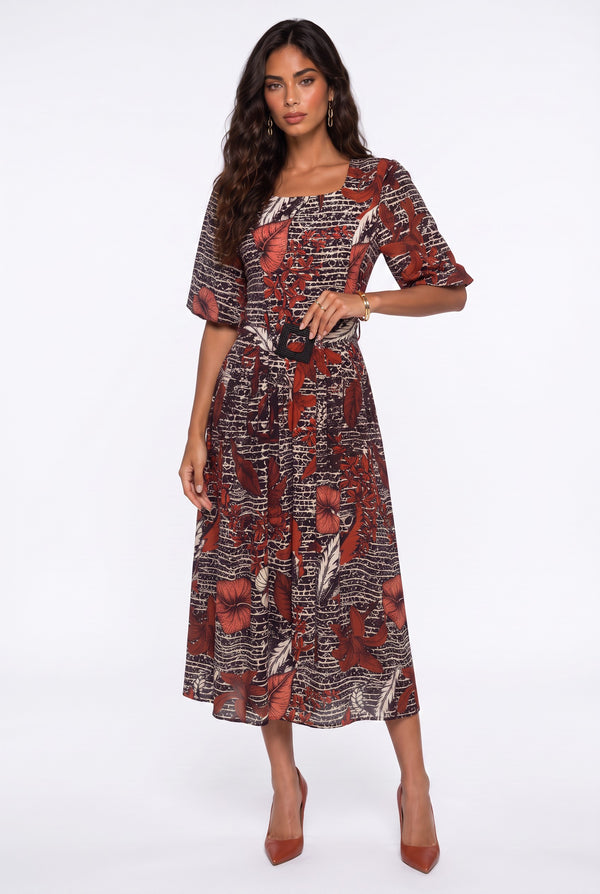 Square Neck Floral Print Belted Midi Dress Burgundy