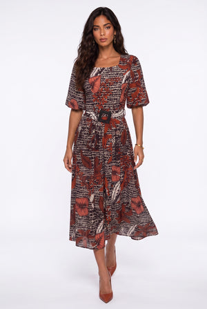 Square Neck Floral Print Belted Midi Dress Burgundy