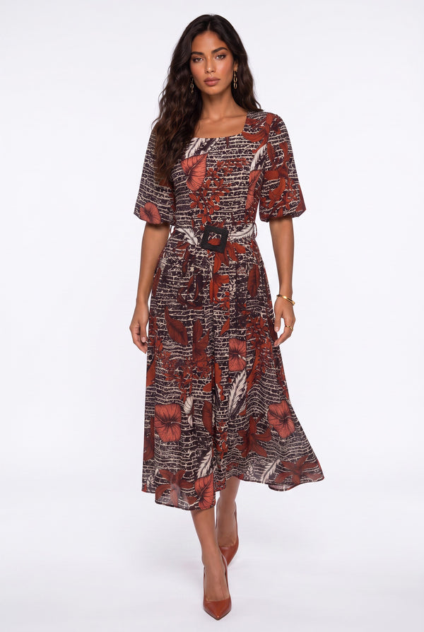 Square Neck Floral Print Belted Midi Dress Burgundy