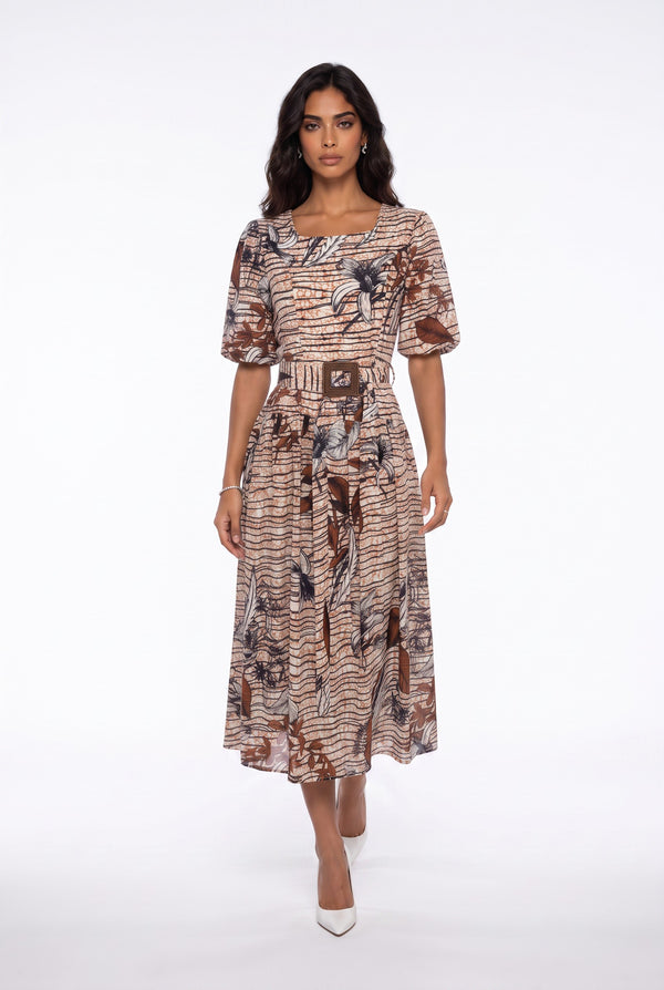 Square Neck Floral Print Belted Midi Dress Brown