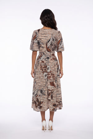 Square Neck Floral Print Belted Midi Dress Brown