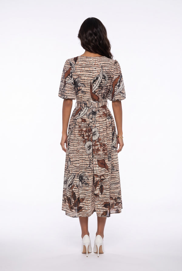 Square Neck Floral Print Belted Midi Dress Brown