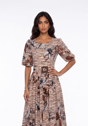 Square Neck Floral Print Belted Midi Dress Brown