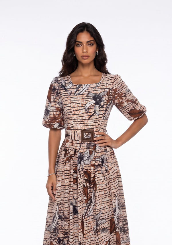 Square Neck Floral Print Belted Midi Dress Brown