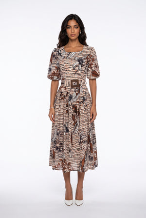 Square Neck Floral Print Belted Midi Dress Brown
