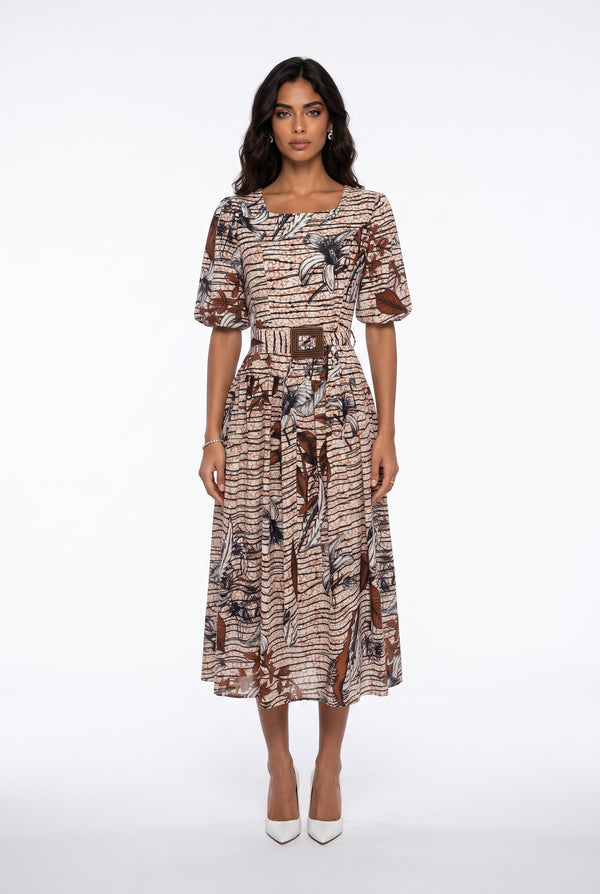 Square Neck Floral Print Belted Midi Dress Brown