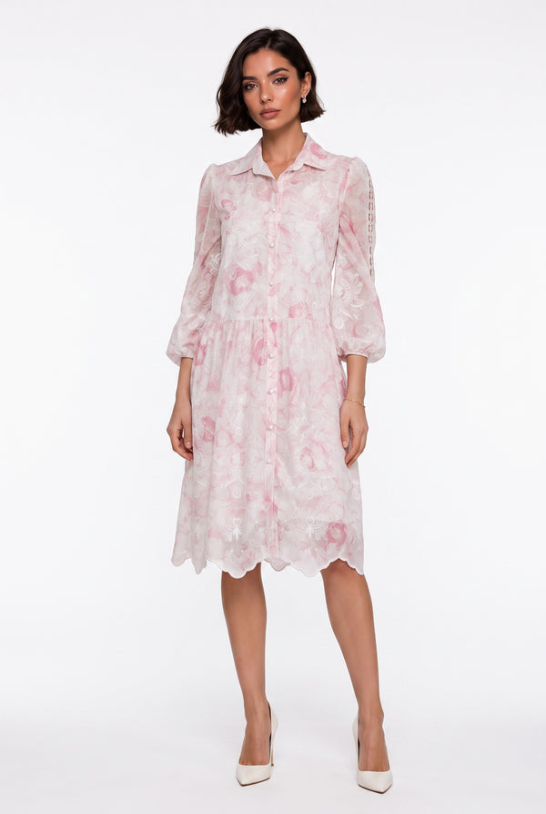 Shirt Collar Floral Pattern Lace Detailed Midi Dress Pink