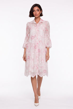 Shirt Collar Floral Pattern Lace Detailed Midi Dress Pink