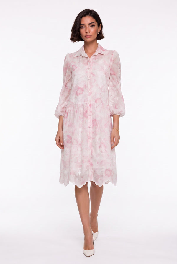 Shirt Collar Floral Pattern Lace Detailed Midi Dress Pink