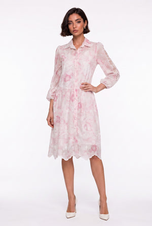 Shirt Collar Floral Pattern Lace Detailed Midi Dress Pink