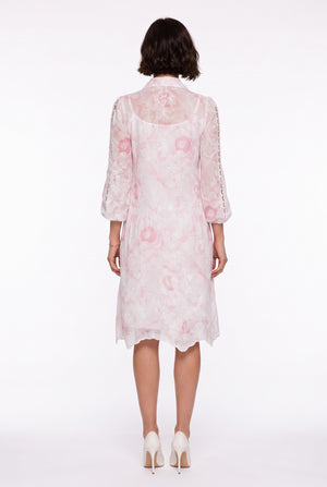 Shirt Collar Floral Pattern Lace Detailed Midi Dress Pink