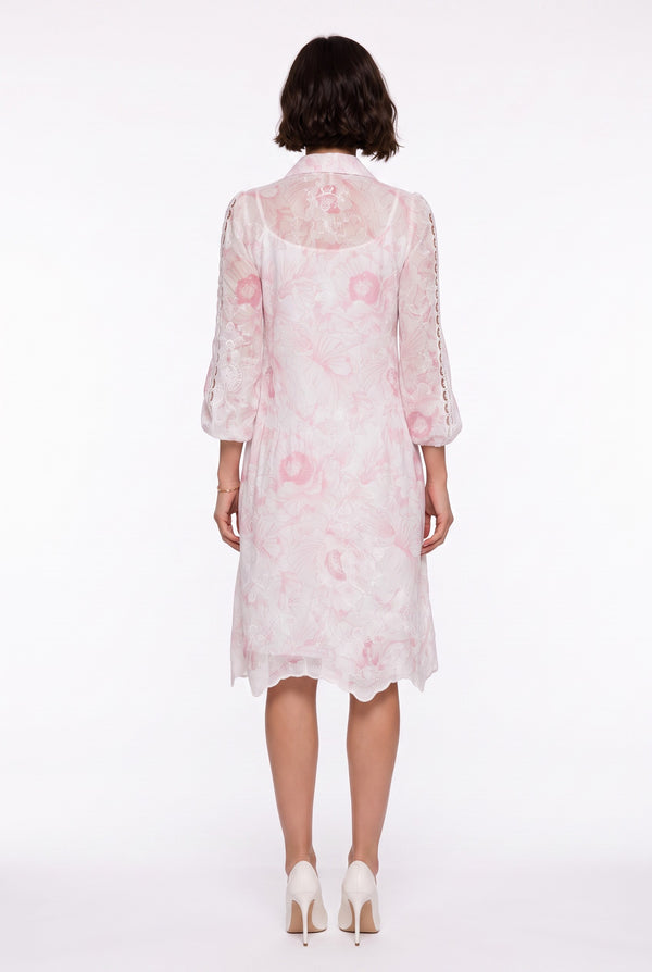 Shirt Collar Floral Pattern Lace Detailed Midi Dress Pink