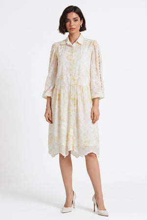 Shirt Collar Floral Pattern Lace Detailed Midi Dress Yellow