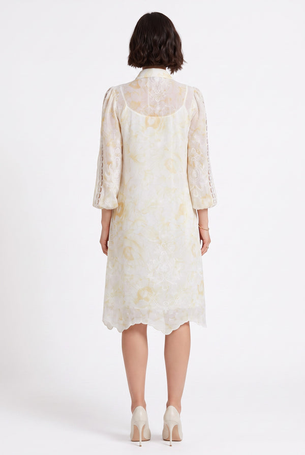Shirt Collar Floral Pattern Lace Detailed Midi Dress Yellow