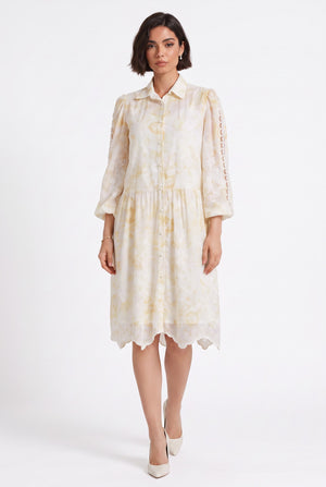 Shirt Collar Floral Pattern Lace Detailed Midi Dress Yellow
