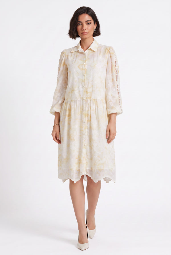 Shirt Collar Floral Pattern Lace Detailed Midi Dress Yellow