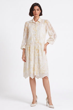 Shirt Collar Floral Pattern Lace Detailed Midi Dress Yellow