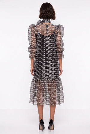 Black Midi Dress with Bow Neckline, Printed Pattern, and Balloon Sleeves