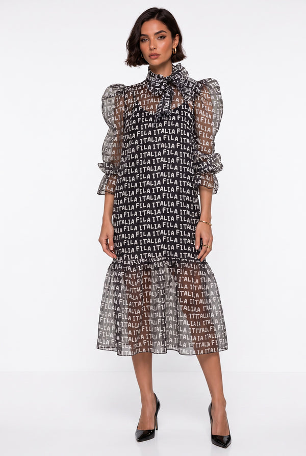 Black Midi Dress with Bow Neckline, Printed Pattern, and Balloon Sleeves