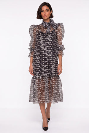 Black Midi Dress with Bow Neckline, Printed Pattern, and Balloon Sleeves
