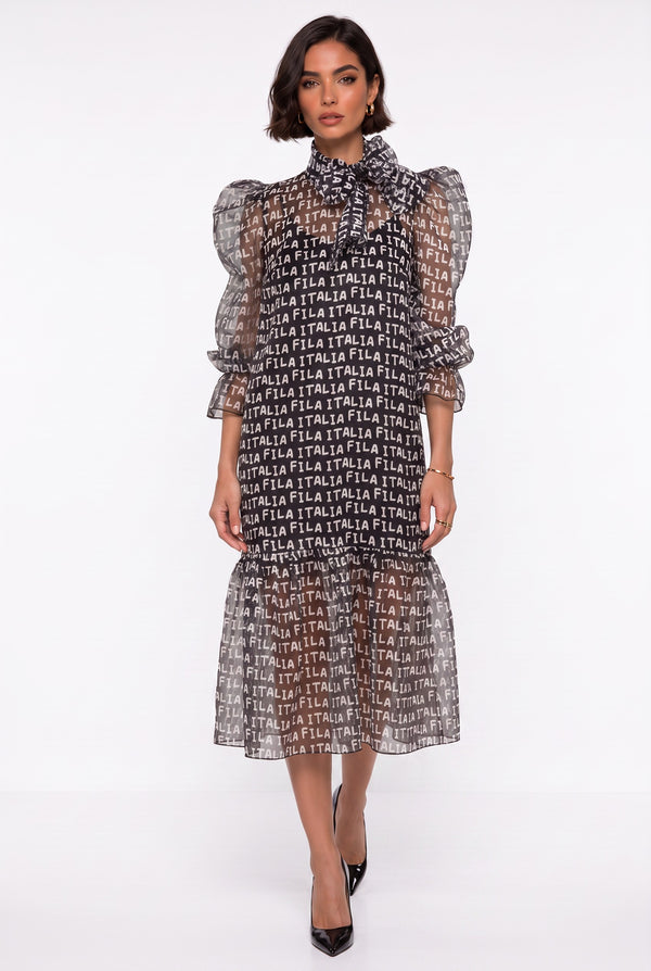 Black Midi Dress with Bow Neckline, Printed Pattern, and Balloon Sleeves