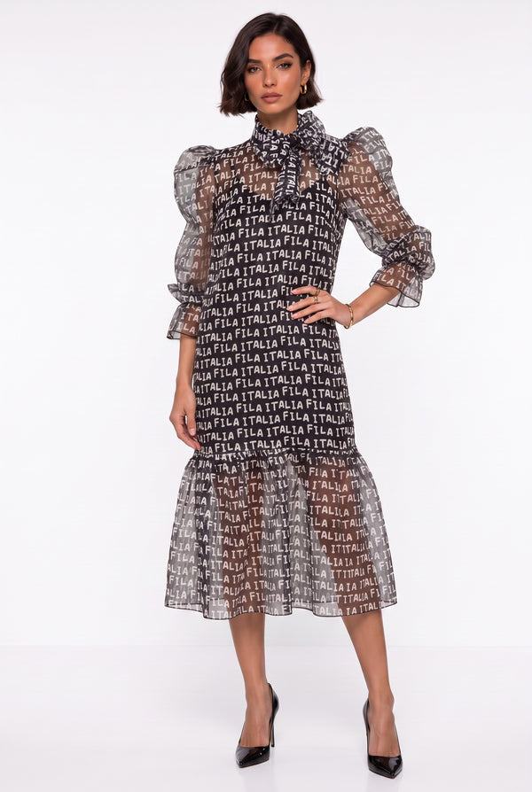 Black Midi Dress with Bow Neckline, Printed Pattern, and Balloon Sleeves