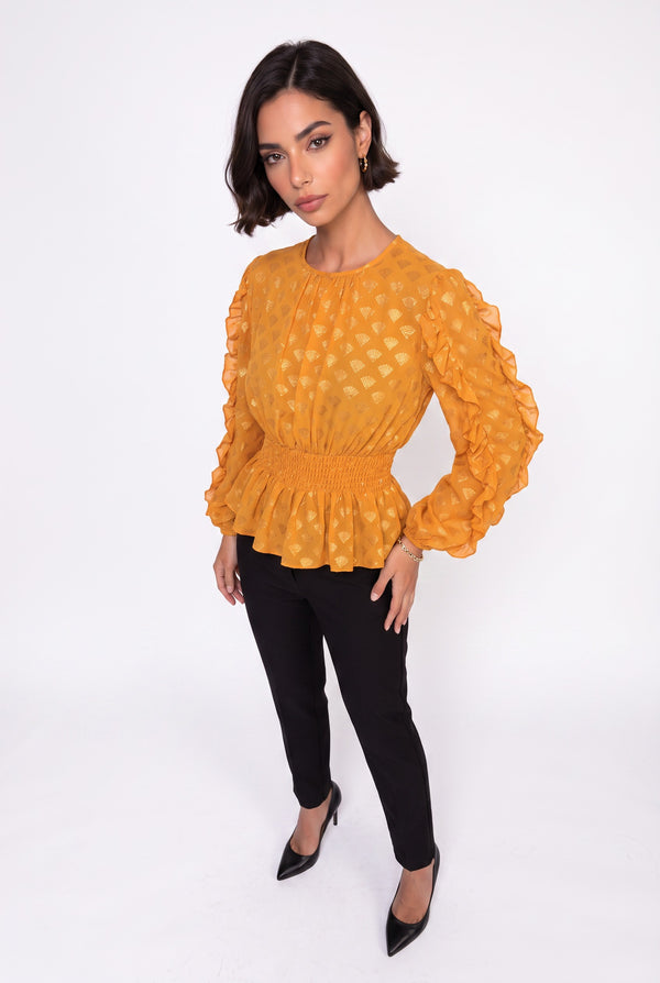 Crew Neck Foil-Printed Ruffle-Sleeve Blouse Mustard