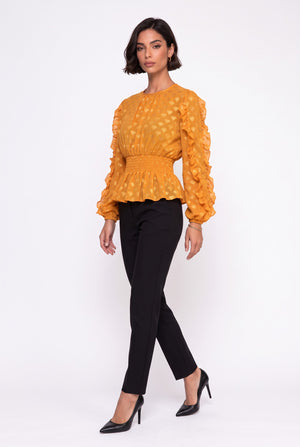 Crew Neck Foil-Printed Ruffle-Sleeve Blouse Mustard