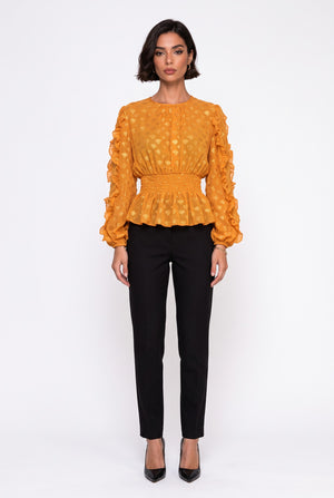 Crew Neck Foil-Printed Ruffle-Sleeve Blouse Mustard