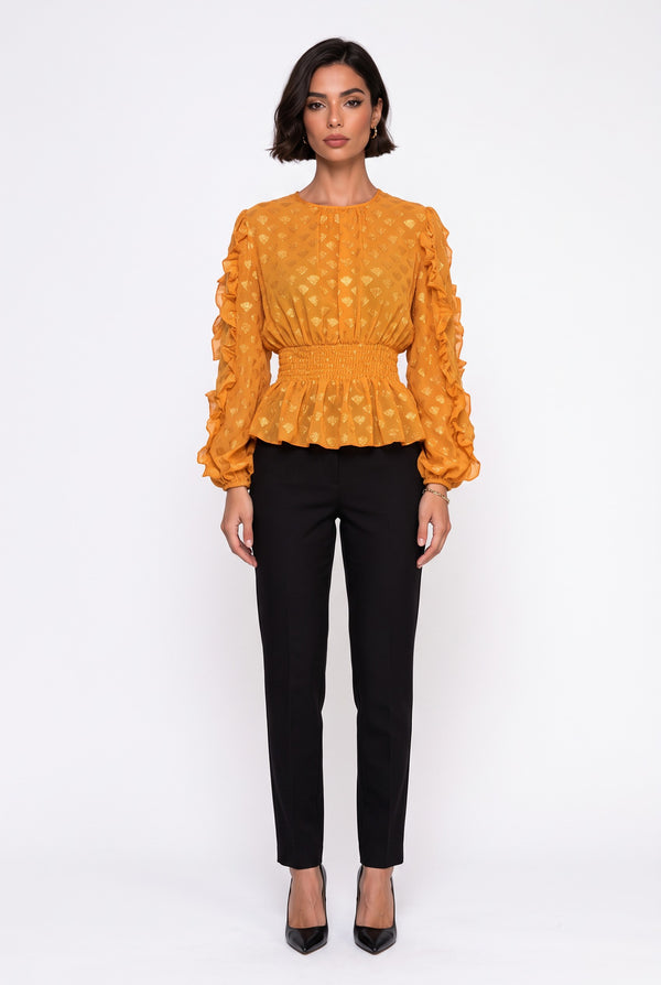 Crew Neck Foil-Printed Ruffle-Sleeve Blouse Mustard