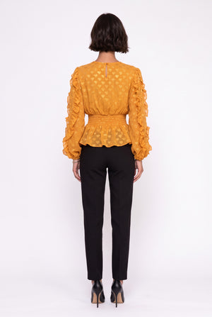 Crew Neck Foil-Printed Ruffle-Sleeve Blouse Mustard