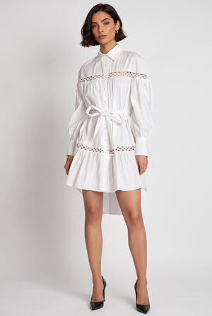Shirt Collar Lace Trimmed Belted Asymmetrical Dress Ecru