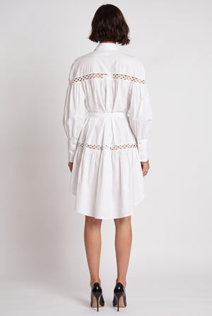 Shirt Collar Lace Trimmed Belted Asymmetrical Dress Ecru