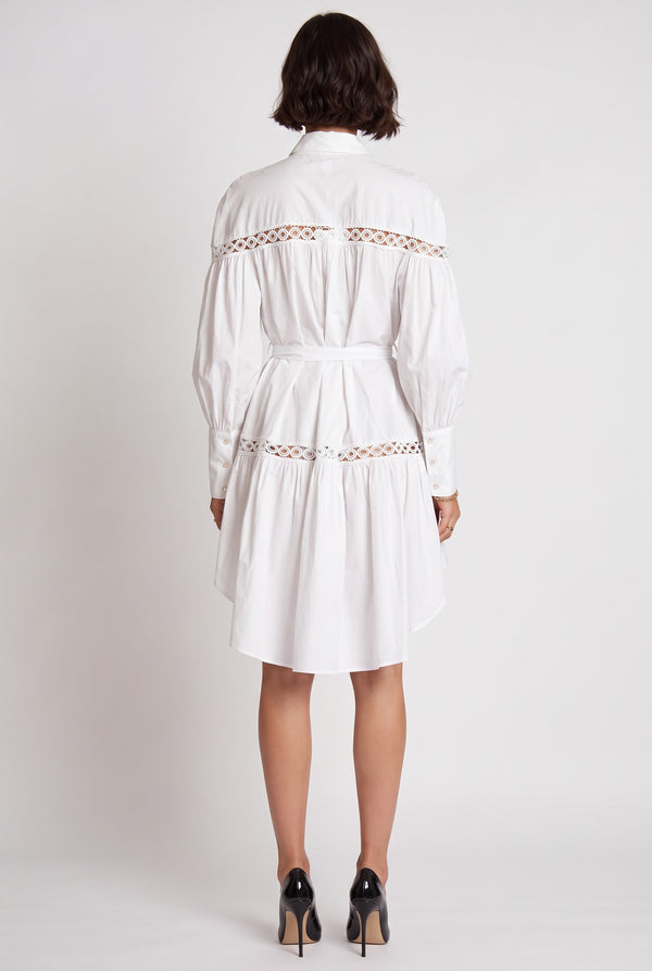 Shirt Collar Lace Trimmed Belted Asymmetrical Dress Ecru