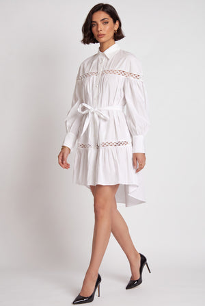 Shirt Collar Lace Trimmed Belted Asymmetrical Dress Ecru