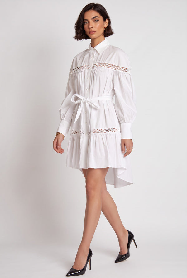 Shirt Collar Lace Trimmed Belted Asymmetrical Dress Ecru