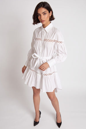 Shirt Collar Lace Trimmed Belted Asymmetrical Dress Ecru