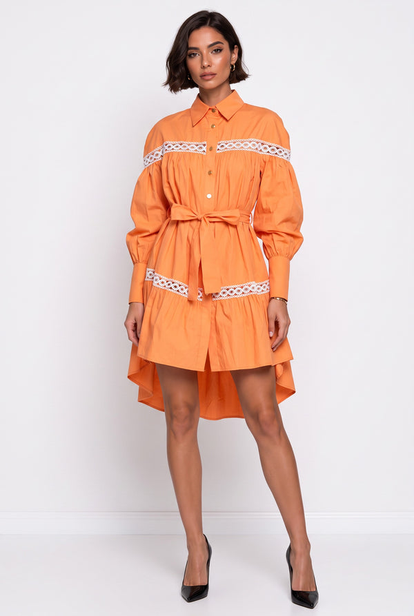 Shirt Collar Lace Trimmed Belted Asymmetrical Dress Orange