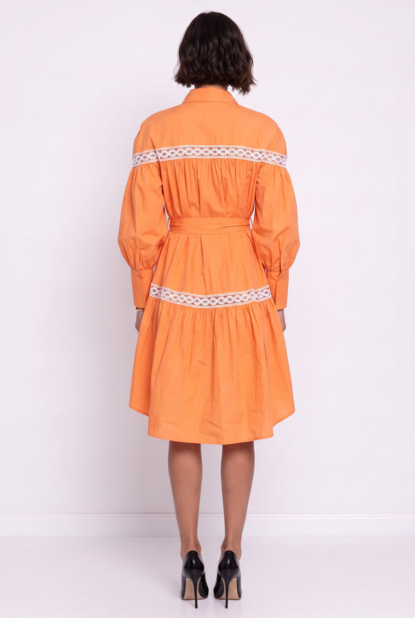 Shirt Collar Lace Trimmed Belted Asymmetrical Dress Orange