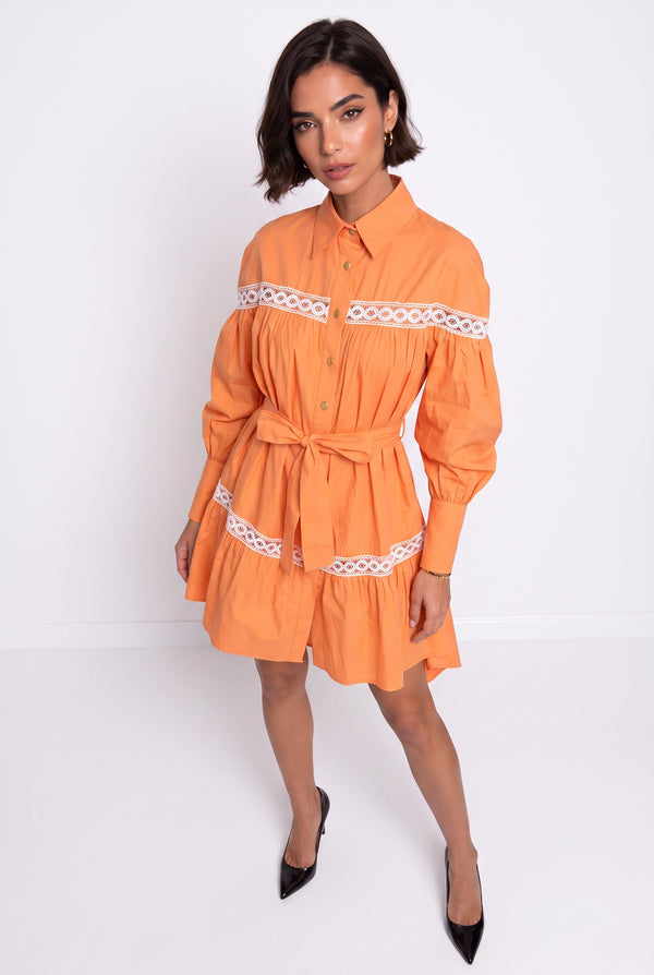 Shirt Collar Lace Trimmed Belted Asymmetrical Dress Orange