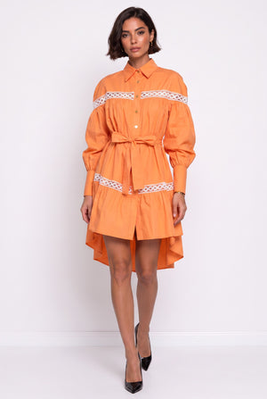 Shirt Collar Lace Trimmed Belted Asymmetrical Dress Orange