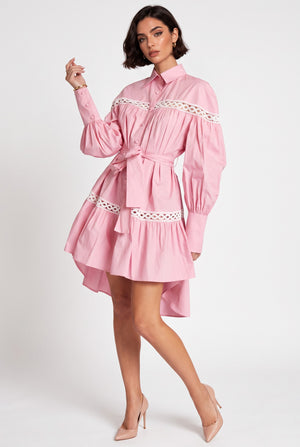 Shirt Collar Lace Trimmed Belted Asymmetrical Dress Pink